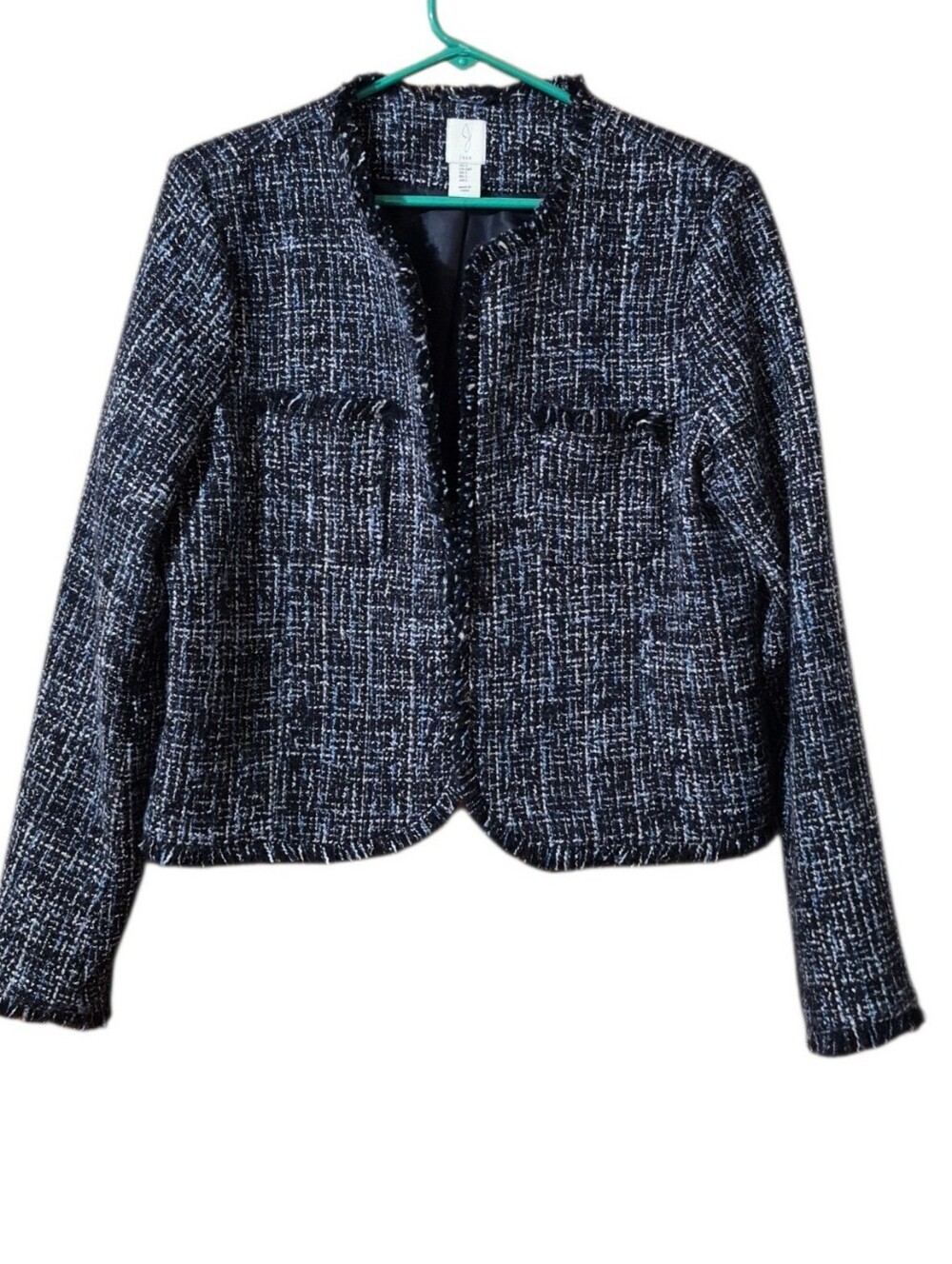 Joie Keely Tweed Collarless Jacket Caviar Black And Blue Multitonal Knit Lg EUC